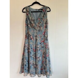 Lauren Ralph Lauren Blue Floral Surplice Midi Dress Size 8 Old Money Cottagecore